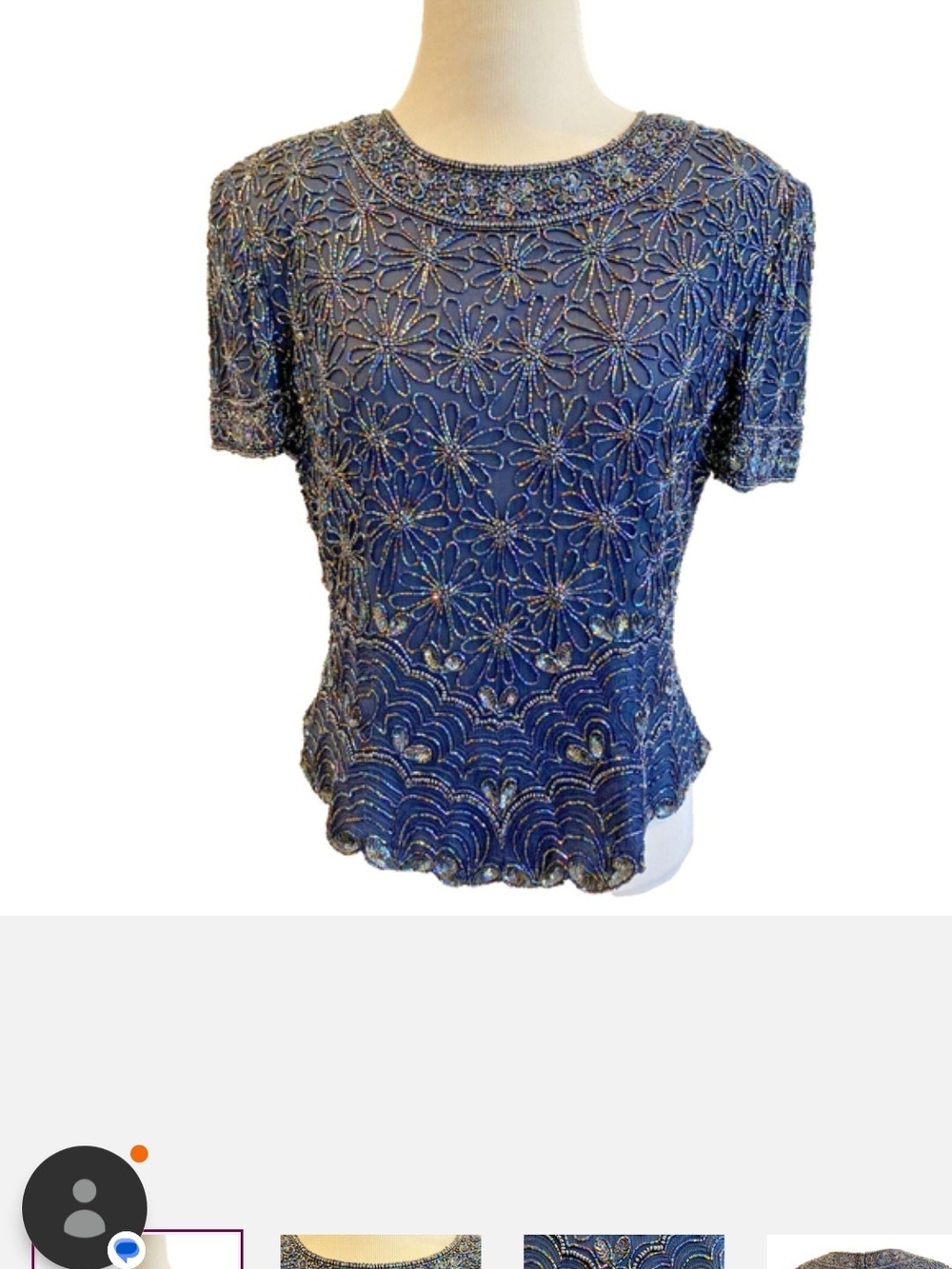 Adrianna Papell Navy Blue Beaded Floral Short Sleeve Top